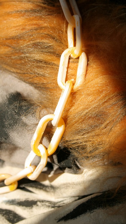 Macro photo of orange faux fur with a chunky yellow chain.